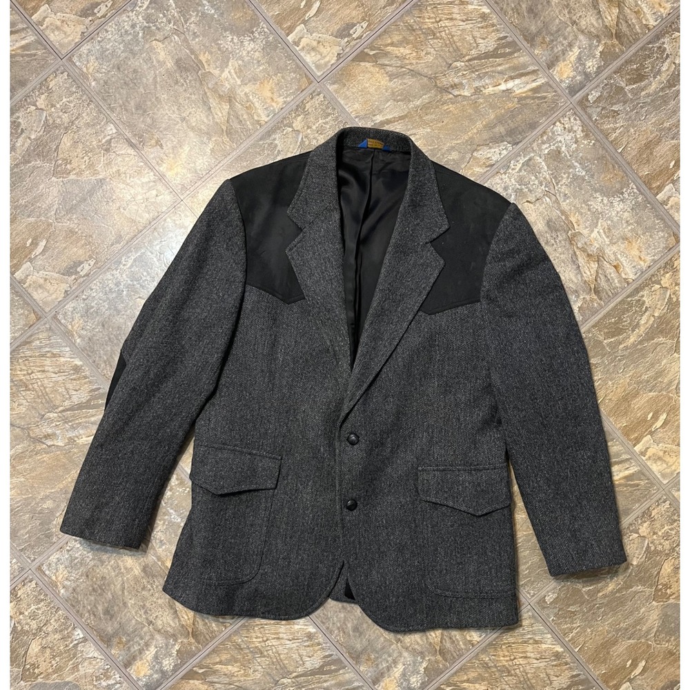 Pendleton Western Blazer Mens 44 Grey Wool Tweed Elbow Patches Excellent USA